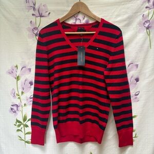 NEW Tommy Hilfiger Red And Black Striped V Neck Pima Cotton Long Sleeve Sweater